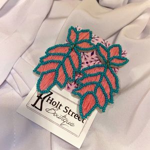 Raffia and Beads Leaf Drop Earrings